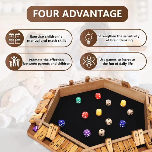 Miniatura 4 de Nicecho Juego de dados Shut The Box para 2 a 6 jugadores, mesa de madera con 16 dados, juegos clásicos de mesa para niños y adultos, familia, aula
