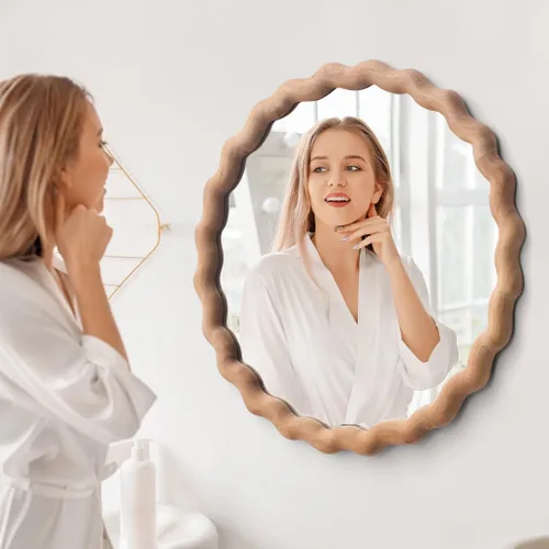 Miniatura 5 de Espejo de pared irregular, espejo redondo de madera, espejo de tocador único, espejo de baño moderno de madera natural de 18 pulgadas para baño