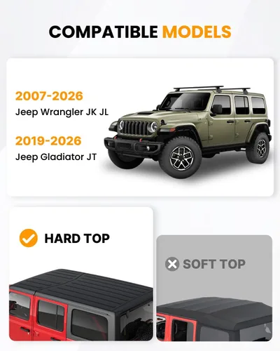 Miniatura 2 de Barra de techo negra de 330 libras para Jeep Wrangler JK JL Gladiator JT 2007-2026 barras transversales de 2 y 4 puertas