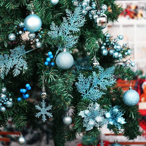 Miniatura 4 de Sratte 94 piezas de adornos para árbol de Navidad, adornos de bolas de Navidad con purpurina, flores de nochebuena, decoraciones con bayas Azul