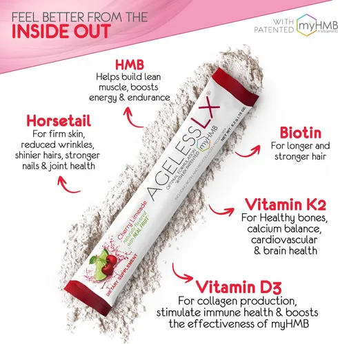 Miniatura 4 de AgelessLX Suplemento en polvo para mujeres, con potenciador de colágeno HMB Plus Vitamina D3 con K2, cola de caballo y biotina para músculos magros