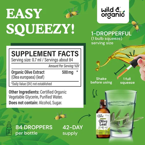 Miniatura 3 de Wild & Organic Gotas líquidas de extracto de hoja de olivo - Apoyo inmunológico y antioxidante - Suplemento de hoja de olivo de oleuropeína - Añadir