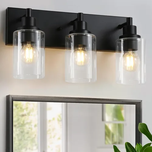 LOUSACE Lámpara de tocador de baño de 3 luces, lámparas de baño negro mate sobre el espejo, iluminación moderna de baño con pantalla de vidrio