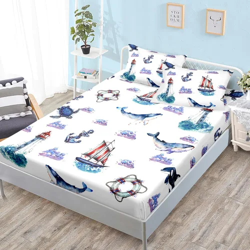 Miniatura 18 de HOSIMA Ropa de cama náutica, sábana bajera ajustable de anclaje de velero, cama individual en una bolsa para niños, decoración de habitación