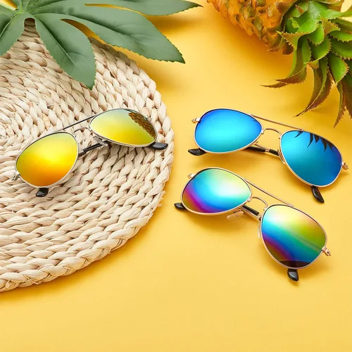 Miniatura 7 de 6 pares de lentes de sol de neón espejados para niños y niñas, lentes de sol polarizados con espejo de metal de los años 70 con marco de metal, gran