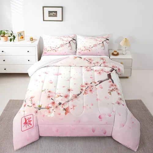 Erosebridal Juego de edredón de flores de cerezo rosa para niñas, estilo japonés, juego de ropa de cama romántica con estampado floral botánico para