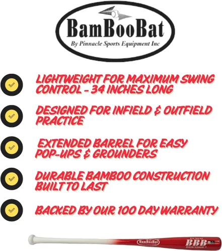 Miniatura 2 de BAMBOOBAT by Pinnacle Sports Equipment INC. Bate de béisbol de bambú para adultos Fungo Infield/Outfield 2-Mango blanco/barril escarlata