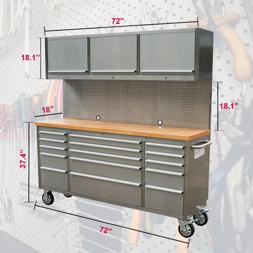 Miniatura 2 de Baúl de herramientas rodante de acero inoxidable de 72 pulgadas con 15 cajones + 3 gabinetes superiores, banco de trabajo móvil, caja