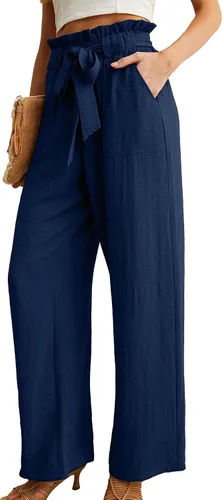 Miniatura 2 de IWOLLENCE - Pantalones de pierna ancha para mujer con bolsillos, cintura alta, nudo ajustable, holgados, casuales, para trabajo y negocios