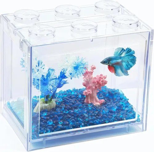 Miniatura 8 de Pequeño tanque de peces Betta, mini tanque apilable de pecera, kit de tanque de acuario rectangular de 3/5 galones con decoración de grava
