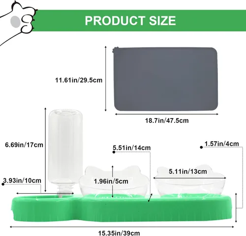 Miniatura 3 de Cuencos triples para gatos con dispensador de agua, juego de cuencos para agua y alimentos para mascotas con alfombrilla antideslizante, cuencos