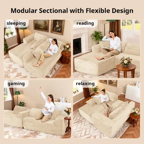 Miniatura 7 de COMHOMA - Sofá seccional modular de 105" con asiento profundo, sofá en forma de L tapizado en nube, brazos anchos, tela de corduroy, chaise lounge