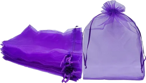 Ankirol 50 bolsas de organza transparente, 12 x 16 bolsas grandes de organza con cordón (morado oscuro)