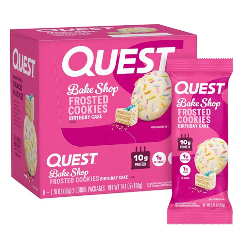 Quest Nutrition Frosted Cookies Twin Pack, Pastel de Cumpleaños, 1g de Azúcar, 10g de Proteína, 2g de Carbohidratos Netos, Sin Gluten, 8 Unidades
