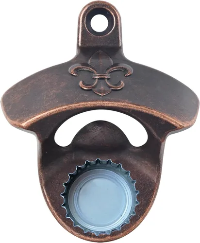 Miniatura 8 de Abrebotellas magnético vintage montado en la pared Fleur De Lis Beer Cap Abridor con imanes Montable Bronce Antiguo