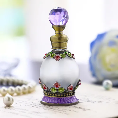 YU FENG Botella de perfume de cristal antiguo de 15 ml, botella pequeña con flor embellecida, redonda, recargable, elegante, retro, botella de Morado