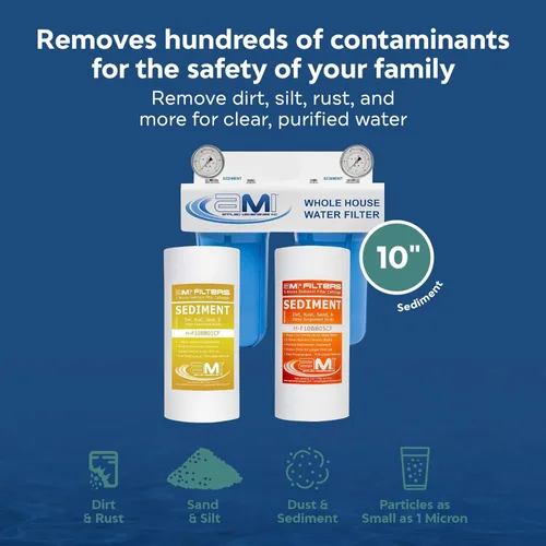 Miniatura 4 de Applied Membranes Inc. Sistema de filtro de agua de 2 etapas para toda la casa, 1 micrón y 5 micrones 4.5 pulgadas por 10 cartuchos de filtro