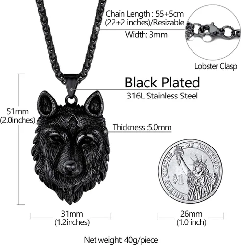 Miniatura 5 de Richsteel Collares para hombres de acero inoxidable 316chapado en oro de 18 quilatesnegro lobo colgante vikingo nórdico joyería