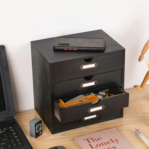 Miniatura 2 de Caja de Almacenamiento de Madera Organizador de Escritorio Rústico con 4 Cajones Accesorios de Escritorio de Oficina Estante Pequeños Contenedores