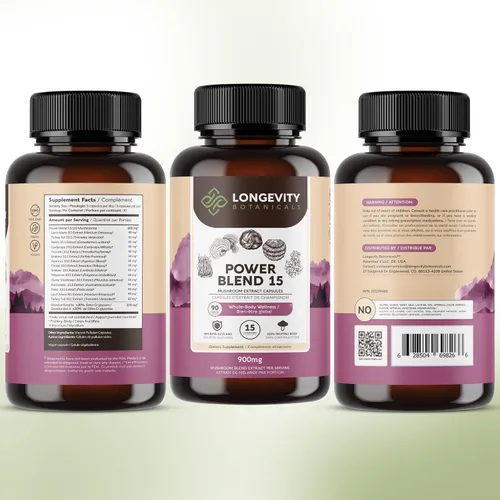 Miniatura 9 de Power 15 Cápsulas de mezcla de hongos Extracto de suplemento de 90 unidades Shiitake, melena de león, chaga, reishi, cordyceps, complejo