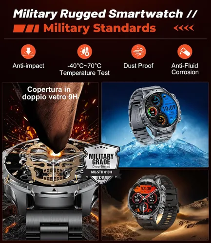 Miniatura 9 de Reloj inteligente militar para hombre, reloj inteligente de pantalla grande HD de 1.85 pulgadas, 800 mAh/linterna LED, resistente al agua IP68