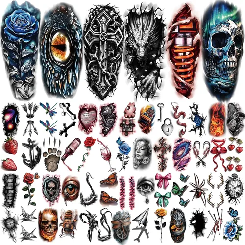 Miniatura 2 de 77 hojas de tatuajes temporales realistas en 3D para adultos y niños, cráneo, tigre, lobo, león, dragón, araña, serpiente, tatuajes temporales