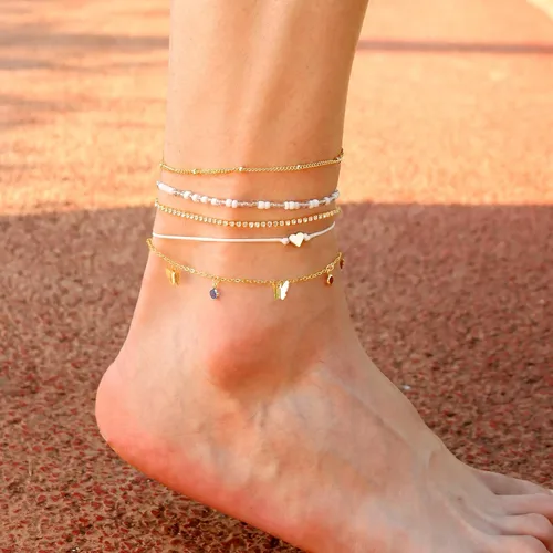 Miniatura 7 de 6 pulseras de tobillo para mujer, tobilleras de oro real de 14 quilates, impermeables, de espiga de espiga de oro Figaro, tobillera de eslabones