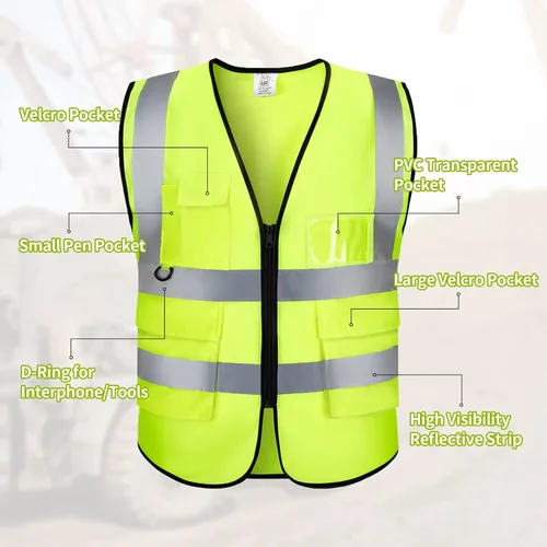 Miniatura 4 de Chaleco de seguridad con logotipo personalizado, personalizable, visibilidad clase 2, chalecos reflectantes a granel con bolsillos y cremallera