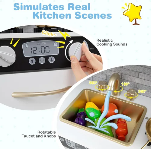 Miniatura 4 de MAT EXPERT Juego de cocina para niños, cocina de juguete de chef de madera con pizarra, máquina de hielo, accesorios de utensilios de cocina