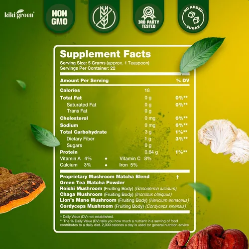 Miniatura 7 de KIKI Green Mushroom Matcha Powder Super Blend 4 oz – Alternativa de café de hongos para una mejor energía, concentración e inmunidad – con melena
