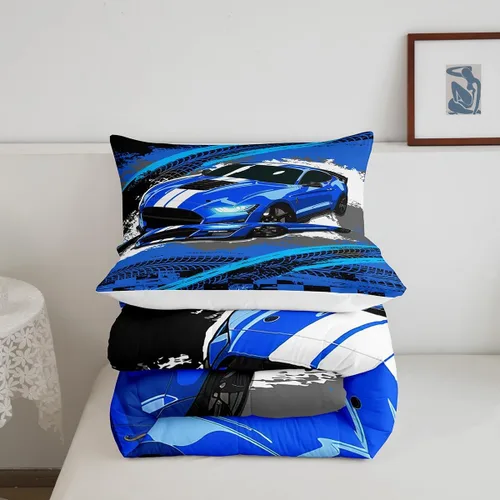 Miniatura 5 de Juego de edredón azul de coche deportivo para niños y hombres, juego de ropa de cama de auto de carreras de graffiti tamaño individual, edredón