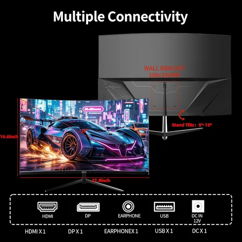 Miniatura 7 de ZZA Monitor curvo de 32 pulgadas para juegos de 180 Hz, monitor de computadora FHD 1080P 1500R HDR, FreeSync, monitor ultrarrápido de 1 ms