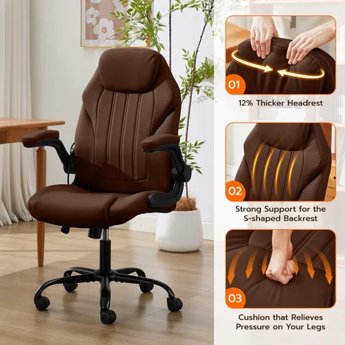 Miniatura 7 de Silla de escritorio de oficina, silla ergonómica para computadora con brazos abatibles acolchados y soporte lumbar ajustable, silla ejecutiva