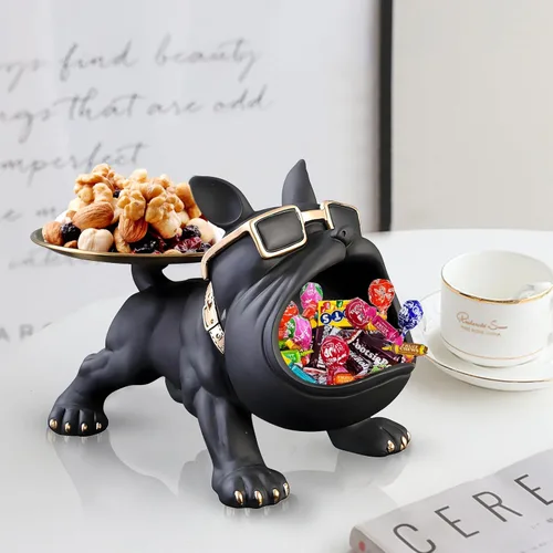 Miniatura 9 de Estatua de bandeja de bulldog francés de resina Huhote, plato de caramelos y llavero de bulldog, accesorios de bulldog francés, estatuas