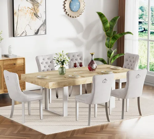 Miniatura 14 de Juego de mesa de comedor extensible marrón de 7 piezas para 6, 63 a 78.74 pulgadas, moderno juego de mesa de cocina y comedor, mesa de comedor Mesa