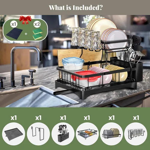 Miniatura 6 de DINEST Escurridor de platos de 2 niveles con escurridor, escurridor de platos de hierro resistente a la corrosión con boquilla giratoria de 270°