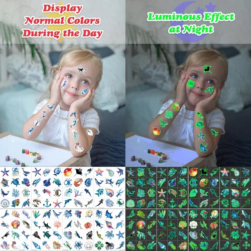 Miniatura 7 de 96 piezas de tatuajes temporales luminosos precortados con temática de océano, decoración de fiesta de cumpleaños, suministros de decoración que