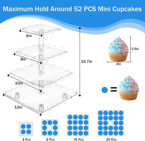 Miniatura 5 de YestBuy Soporte de Cupcakes Acrílico de 4 Niveles Soporte de Pasteles para Té de la Tarde Soporte Grande para Cupcakes Torre de Cupcakes Soporte Azul