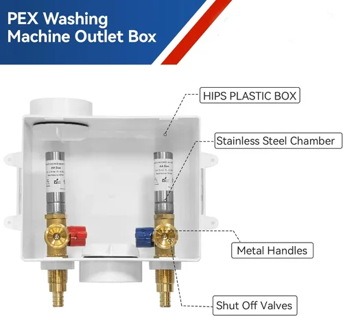 Miniatura 2 de Caja de Salida para Lavadora con Amortiguador de Golpe de Ariete de Acero Inoxidable, Entrada PEX de 1/2 Pulgada x Conexión de Salida MHT de 3/4
