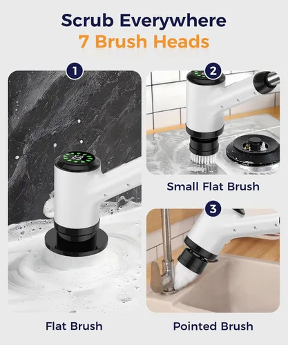 Miniatura 4 de Limpiador eléctrico giratorio, limpiador de baño inalámbrico con 7 cabezales de cepillo, limpiador de ducha ajustable de mango largo para lechada