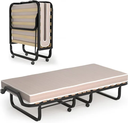 Miniatura 13 de HAPPYGRILL Cama enrollable, cama plegable con colchón de espuma viscoelástica de 5 pulgadas, marco de acero resistente, 4 ruedas universales, cama