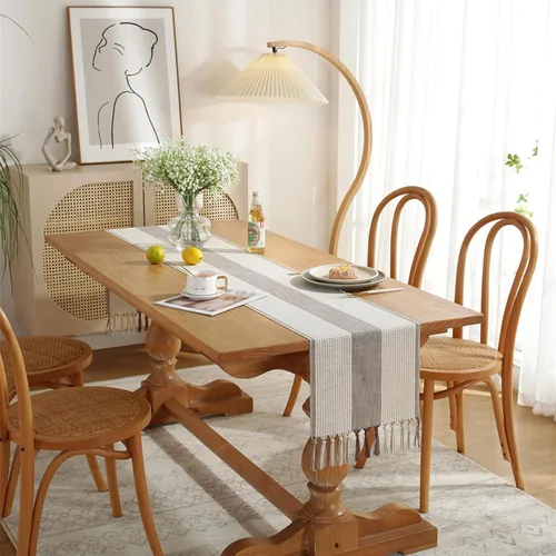 Miniatura 2 de Hsvanyr Camino de mesa gris rústico rectangular con exquisita borla para cocina, comedor, picnic, mesa de café, 13 x 63 pulgadas, a prueba de polvo