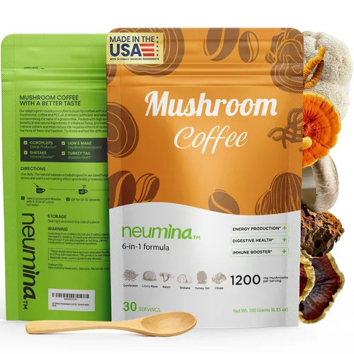 Neumina Café de hongos 6 en 1, café energético con 6 hongos adaptogénicos (Cordyceps, melena de león, Reishi, Chaga, Shiitake, cola de pavo total de