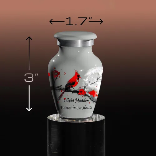 Miniatura 5 de Mini urna gris para cenizas, diseño cardenal y flor, pequeño recuerdo de cremación personalizado, hecho a mano en Estados Unidos, incluye bolsa