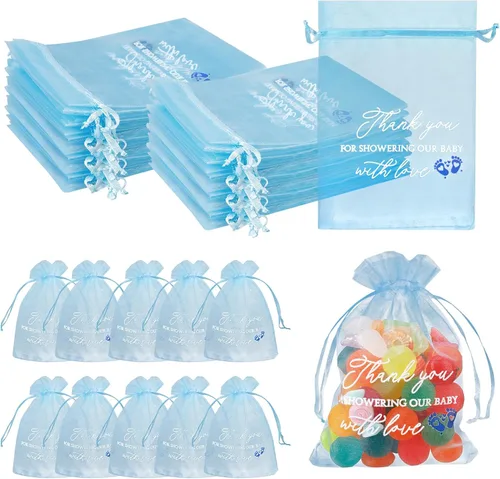 Jspupifip 100 bolsas de regalo de agradecimiento para bebé, bolsas azules de 4 x 6 pulgadas, organza transparente, a granel para invitados,
