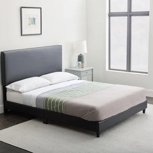 Edenbrook Cama de plataforma con cabecero, no necesita somier, base de cama tapizada de piel sintética, perfil bajo, individual, color negro