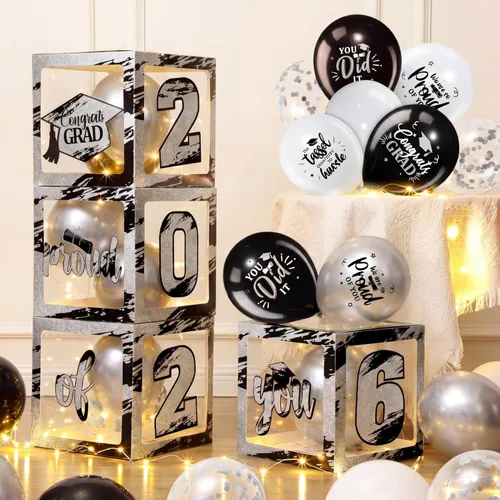 Woanger 44 piezas de decoración de caja de graduación 2026 – Juego de cajas de fiesta de graduación de felicitaciones con cuerdas de luz LED y Negro