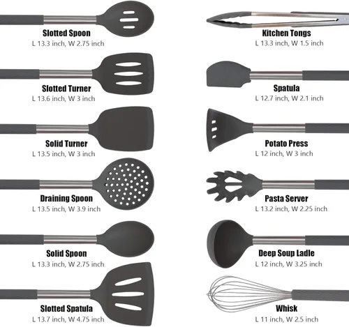 Miniatura 2 de Juegos de utensilios de cocina: Utensilios de cocina de silicona con mango de acero inoxidable Juego de 12 (gris)