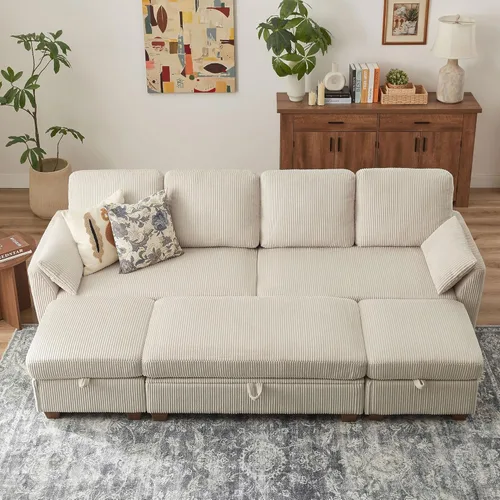 Miniatura 4 de Sofá en forma de U de 102.3 pulgadas con 2 otomanas móviles y 1 mesa auxiliar, se convierte en sofá cama, incluye 2 almohadas para reposabrazos