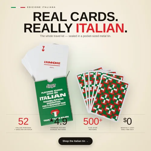 Miniatura 7 de Lingo Naipes italianos en lata de viaje premium Aprende vocabulario y frases italianas para adultos y principiantes Edición de caja de regalo